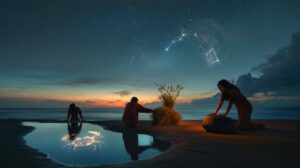 Illustration von drei Sternzeichen – Krebs, Jungfrau und Skorpion – die am 19. März 2026 in eine Phase der Heilung eintreten