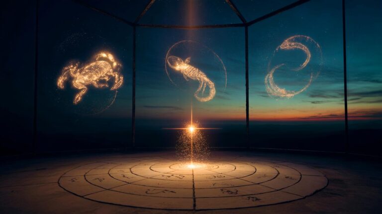 Illustration von drei Sternzeichen (Krebs, Skorpion und Fische), die am 19. März 2026 unerwartetes Glück und Erfolg anziehen