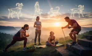 Illustration von vier Sternzeichen, die ab dem 20. März 2026 ihre Gesundheit stärken