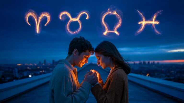 Illustration von vier Sternzeichen, die am 19. März 2026 positive Energien und Liebe anziehen