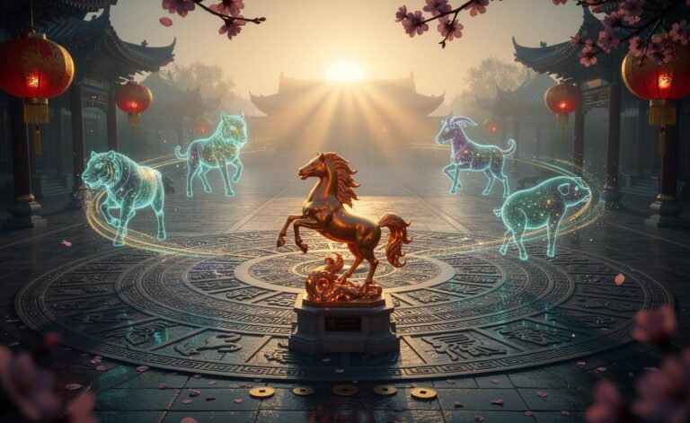 Illustration von [sechs chinesischen Sternzeichen – Tiger, Pferd, Hund, Ziege, Affe und Schwein – die ab dem 20. März 2026 neuem Glück begegnen]