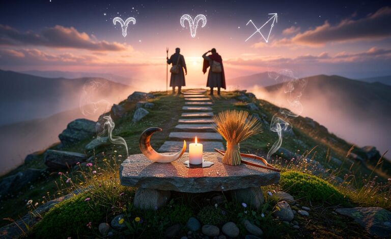 Illustration von drei Sternzeichen – Widder, Jungfrau und Schütze – die am 20. März 2026 zur Frühlings-Tagundnachtgleiche ihre spirituelle Reise beginnen