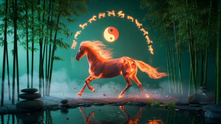 Illustration von chinesischem Tierkreis-Horoskop zum 19. März 2026 mit Feuer-Pferd, Holz-Energie, Yin-Yang und Symbolen für Harmonie und Balance